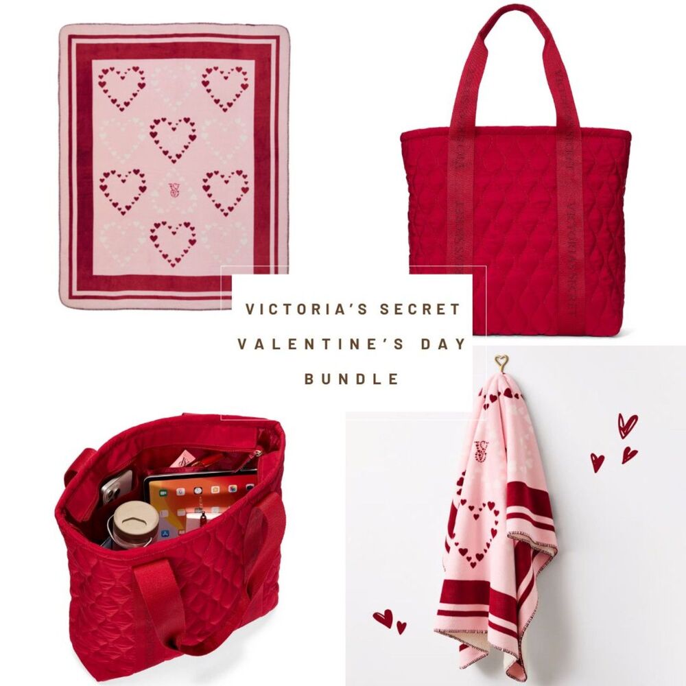 Victoria’s Secret Valentine’s Day Gift Set Heart Blanket Red Quilted Tote NWT